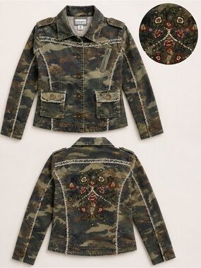 Girls Camo Embroidered Distressed Utility Denim Jacket Cotton Y2K Size 16